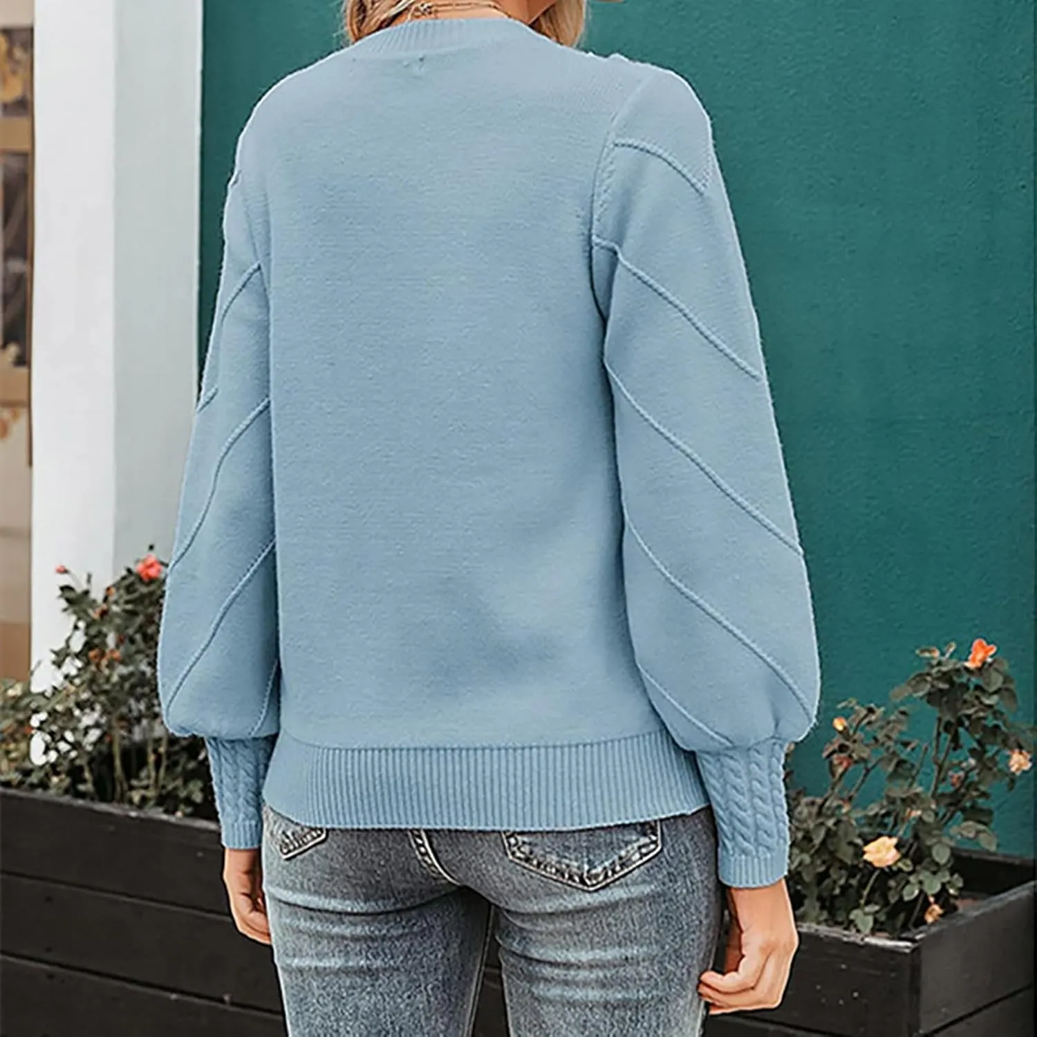 Womens 2023 Fall Trendy Sweaters Fashion Hairball Round-Neck Sweater Lantern Sleeves Knitted Pullovers Tops