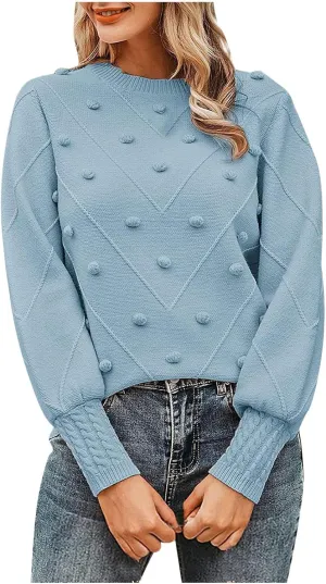 Womens 2023 Fall Trendy Sweaters Fashion Hairball Round-Neck Sweater Lantern Sleeves Knitted Pullovers Tops