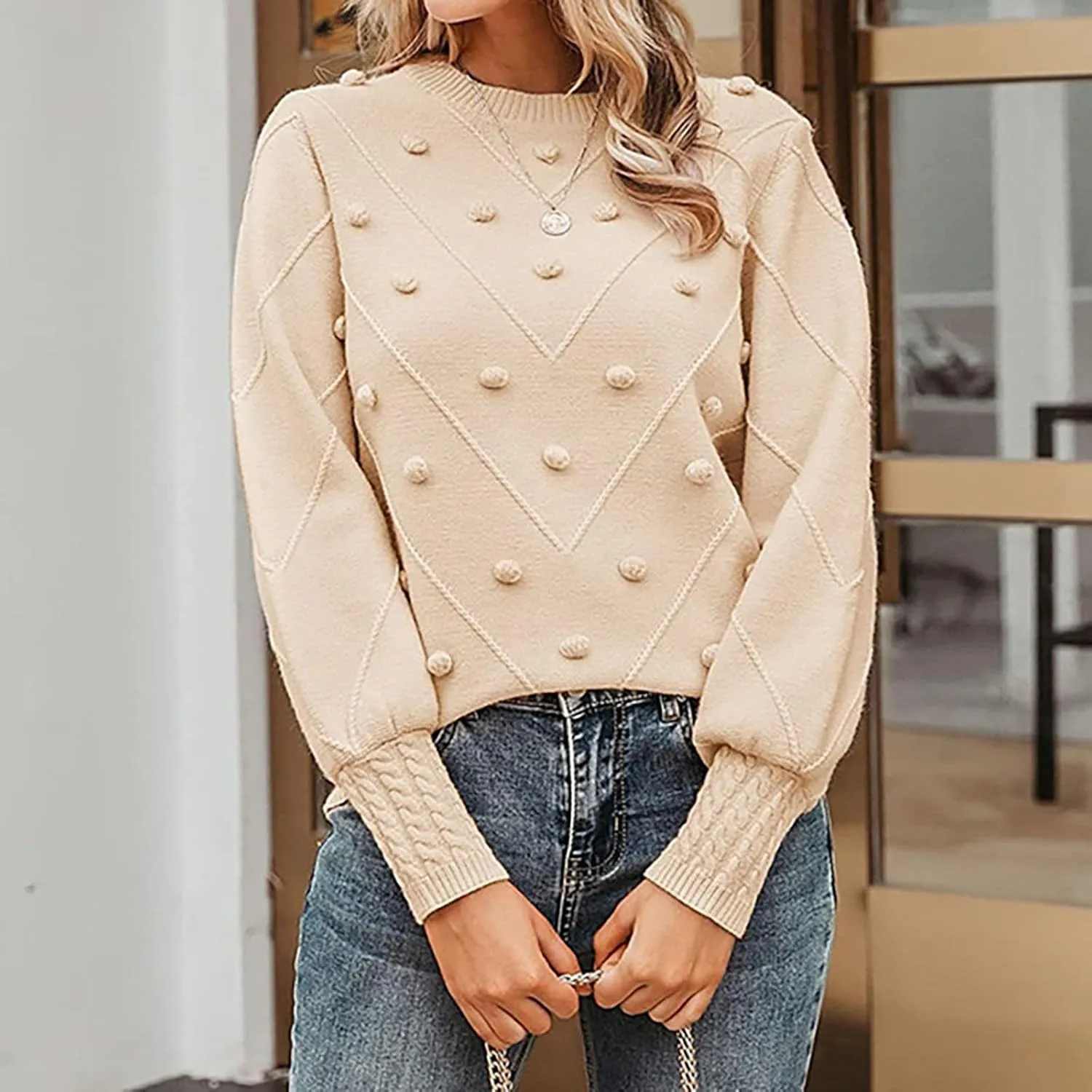 Womens 2023 Fall Trendy Sweaters Fashion Hairball Round-Neck Sweater Lantern Sleeves Knitted Pullovers Tops