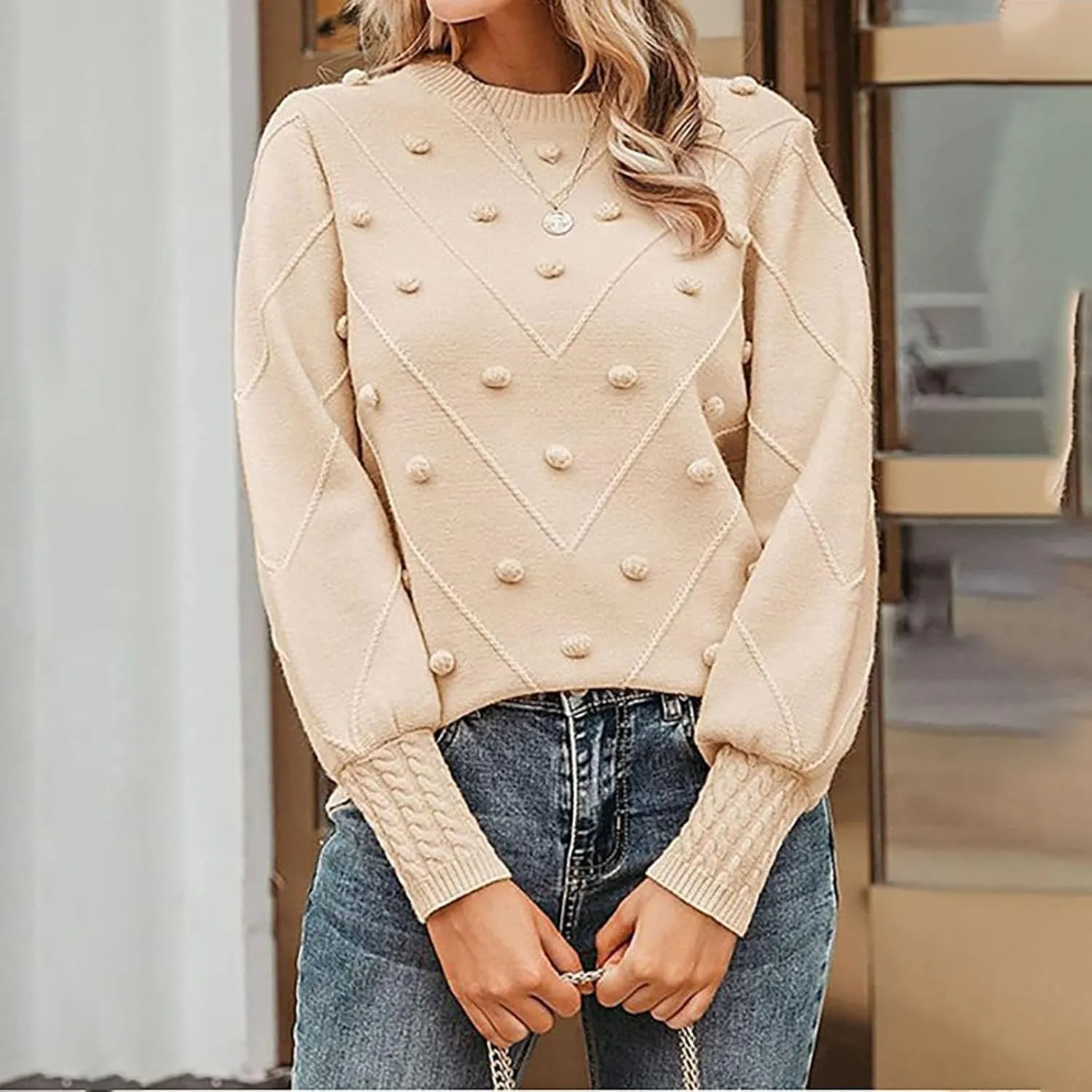 Womens 2023 Fall Trendy Sweaters Fashion Hairball Round-Neck Sweater Lantern Sleeves Knitted Pullovers Tops