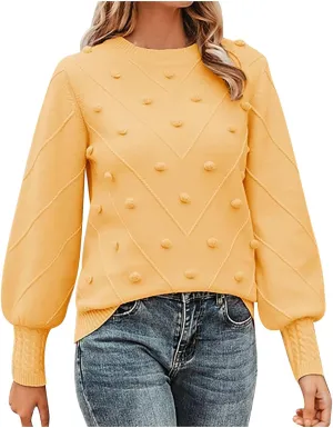 Womens 2023 Fall Trendy Sweaters Fashion Hairball Round-Neck Sweater Lantern Sleeves Knitted Pullovers Tops