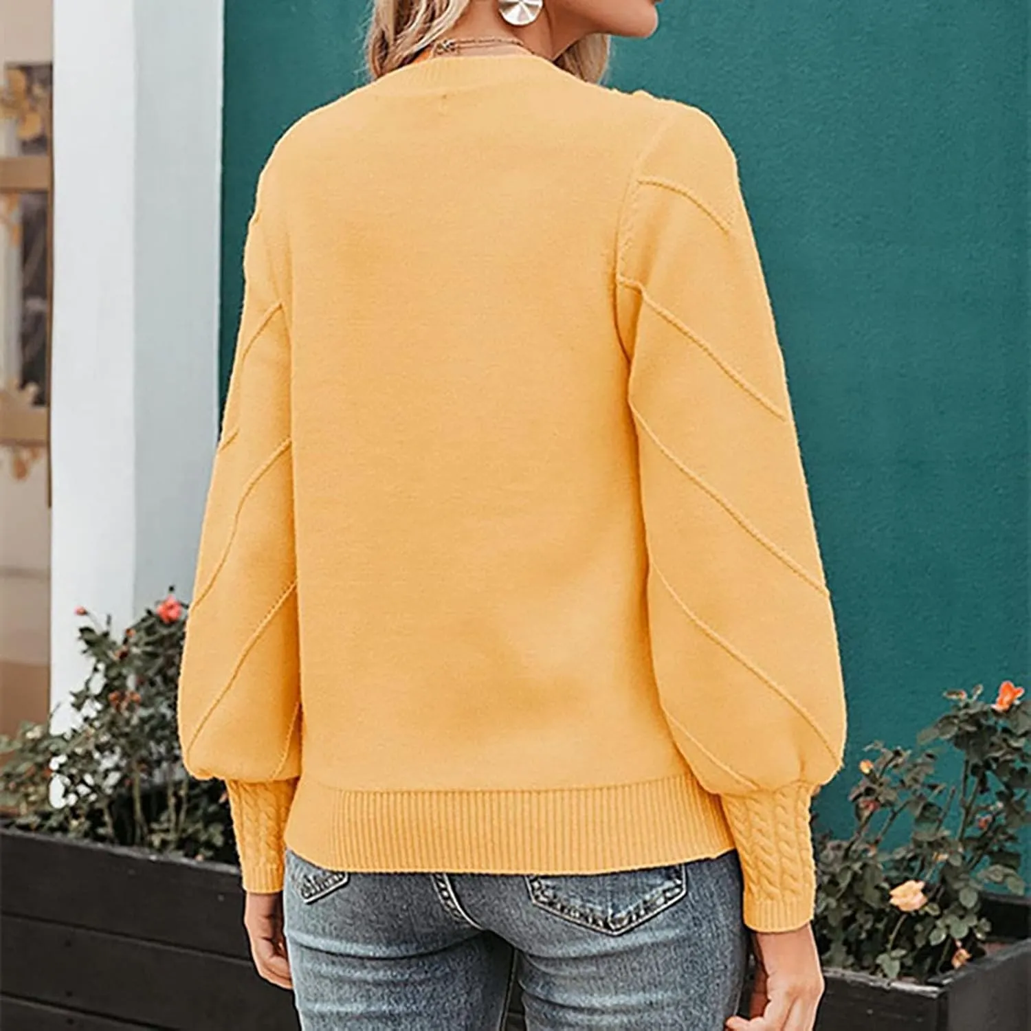 Womens 2023 Fall Trendy Sweaters Fashion Hairball Round-Neck Sweater Lantern Sleeves Knitted Pullovers Tops
