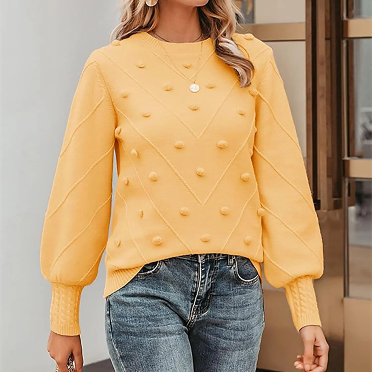 Womens 2023 Fall Trendy Sweaters Fashion Hairball Round-Neck Sweater Lantern Sleeves Knitted Pullovers Tops