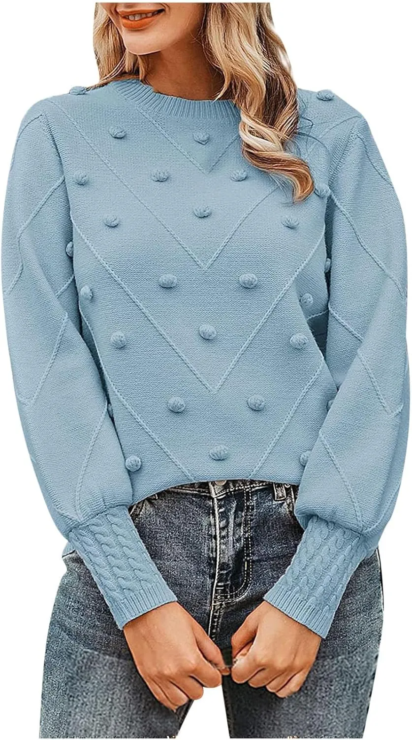 Womens 2023 Fall Trendy Sweaters Fashion Hairball Round-Neck Sweater Lantern Sleeves Knitted Pullovers Tops