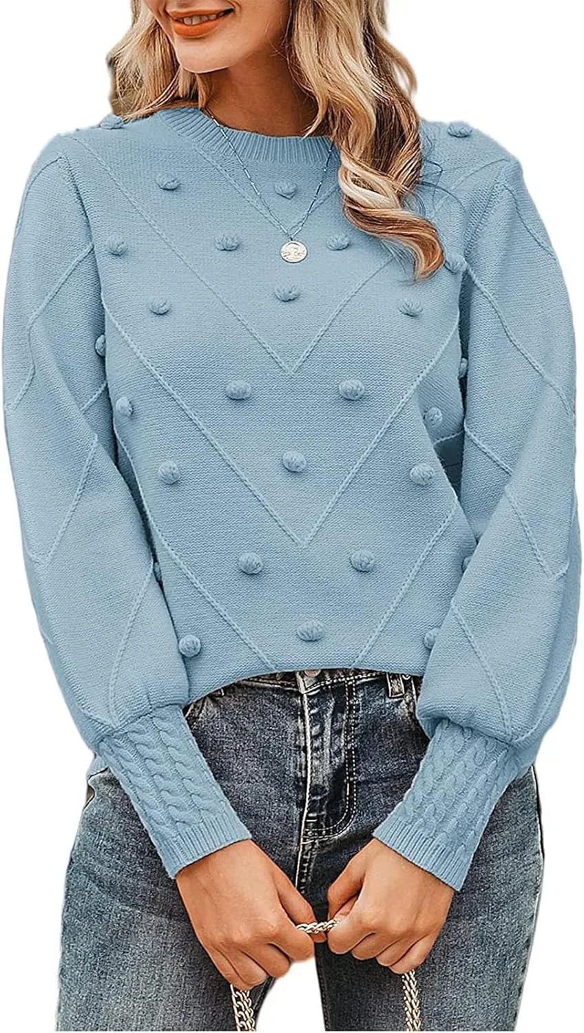 Womens 2023 Fall Trendy Sweaters Fashion Hairball Round-Neck Sweater Lantern Sleeves Knitted Pullovers Tops