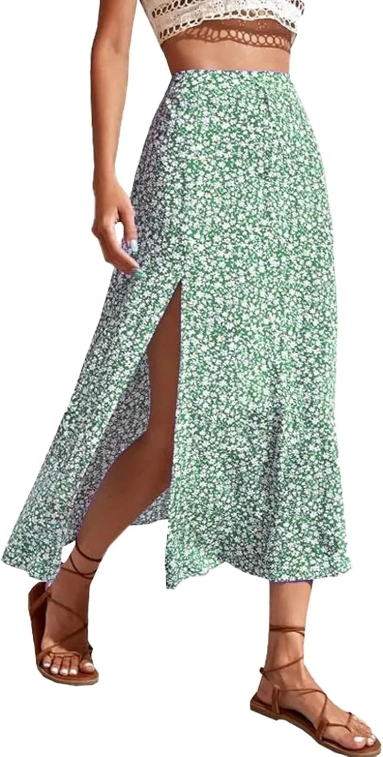 Womens 2024 Summer High Waisted Flowy Slit Midi Skirts Casual Lightweight Boho Floral Beach Skirt Sheer Skirt
