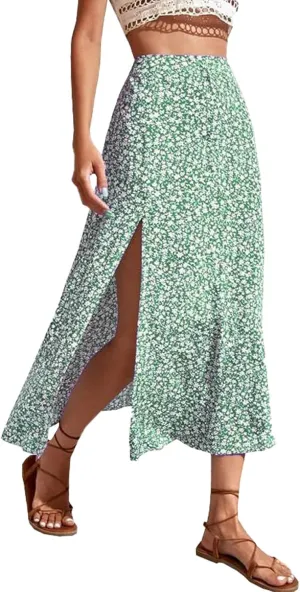 Womens 2024 Summer High Waisted Flowy Slit Midi Skirts Casual Lightweight Boho Floral Beach Skirt Sheer Skirt