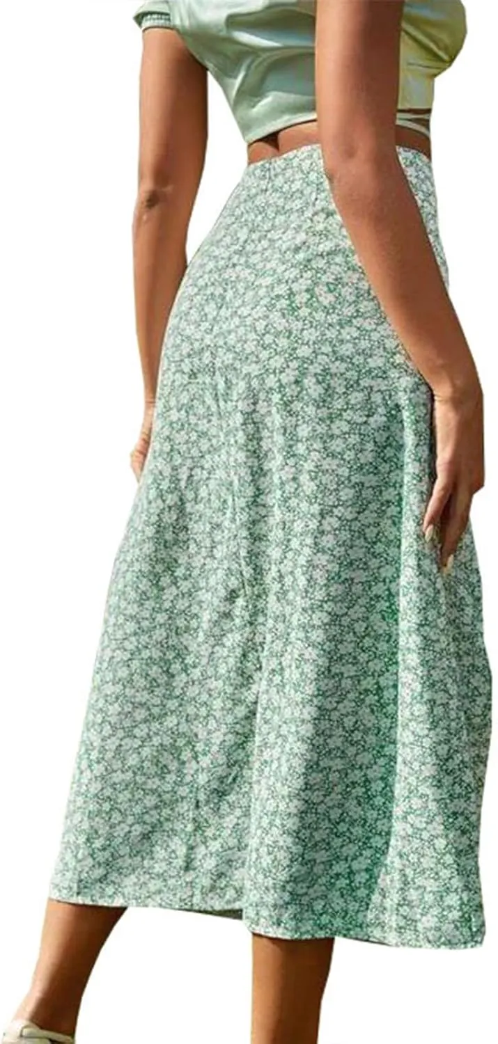 Womens 2024 Summer High Waisted Flowy Slit Midi Skirts Casual Lightweight Boho Floral Beach Skirt Sheer Skirt