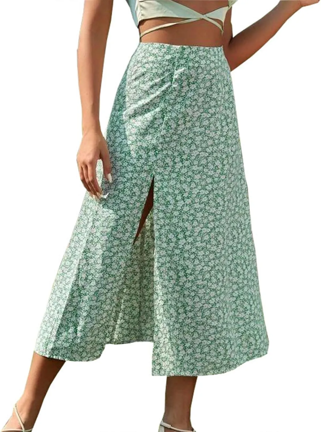 Womens 2024 Summer High Waisted Flowy Slit Midi Skirts Casual Lightweight Boho Floral Beach Skirt Sheer Skirt