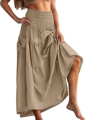 Womens 2025 Boho Skirts High Waisted Smocked Peasant Maxi Skirts Casual Tiered Flowy Long Skort Cottagecore Costume