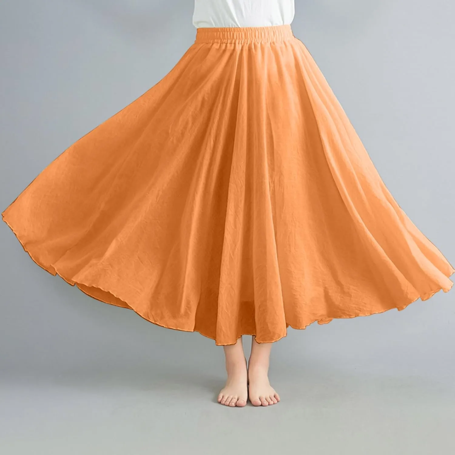 Women's 2025 Summer Linen Skirt Casual Elastic High Waist Flowy Long Skirts Solid Pleated Swing Skirt
