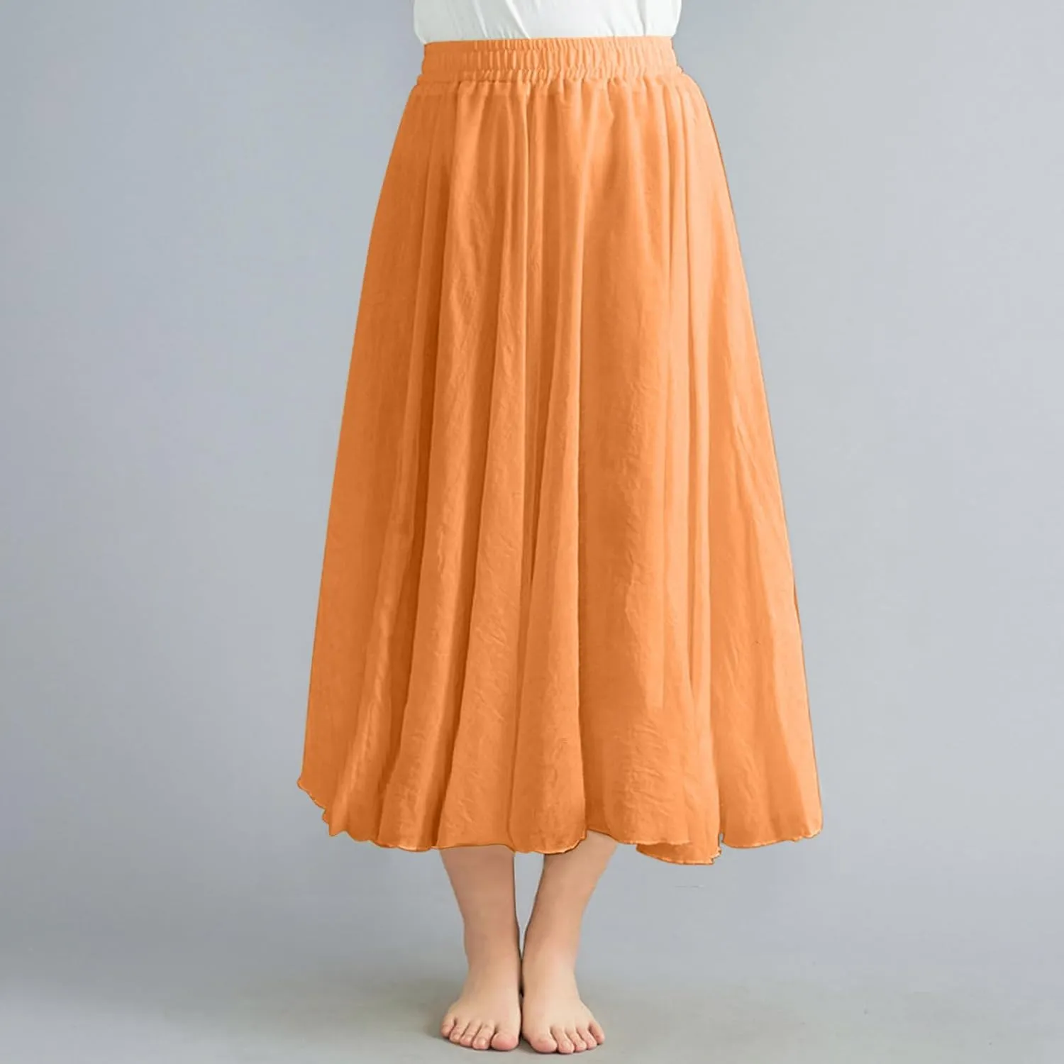 Women's 2025 Summer Linen Skirt Casual Elastic High Waist Flowy Long Skirts Solid Pleated Swing Skirt