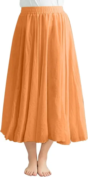 Women's 2025 Summer Linen Skirt Casual Elastic High Waist Flowy Long Skirts Solid Pleated Swing Skirt