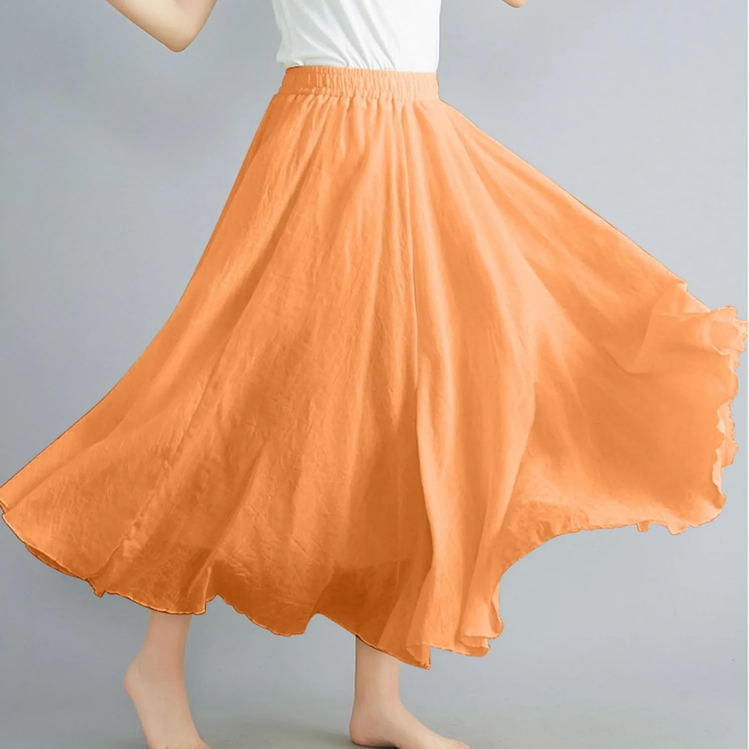Women's 2025 Summer Linen Skirt Casual Elastic High Waist Flowy Long Skirts Solid Pleated Swing Skirt