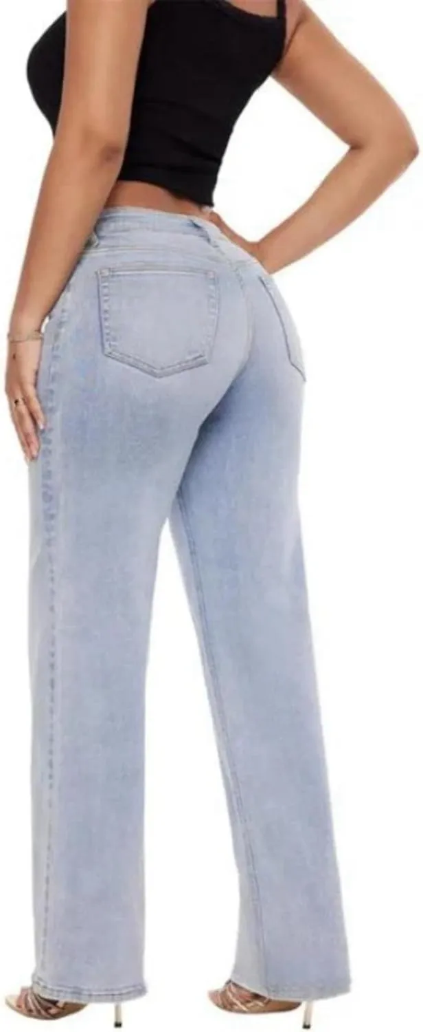 Womens Baggy Jeans Wide Leg Jeans High Waisted Stretchy Tummy Control Denim Distressed Pants with Pockets