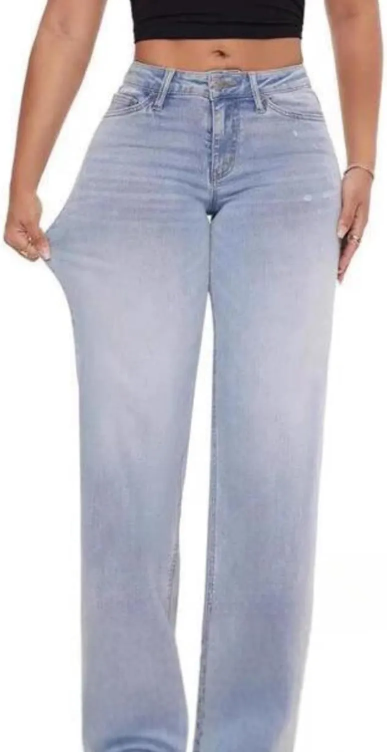 Womens Baggy Jeans Wide Leg Jeans High Waisted Stretchy Tummy Control Denim Distressed Pants with Pockets