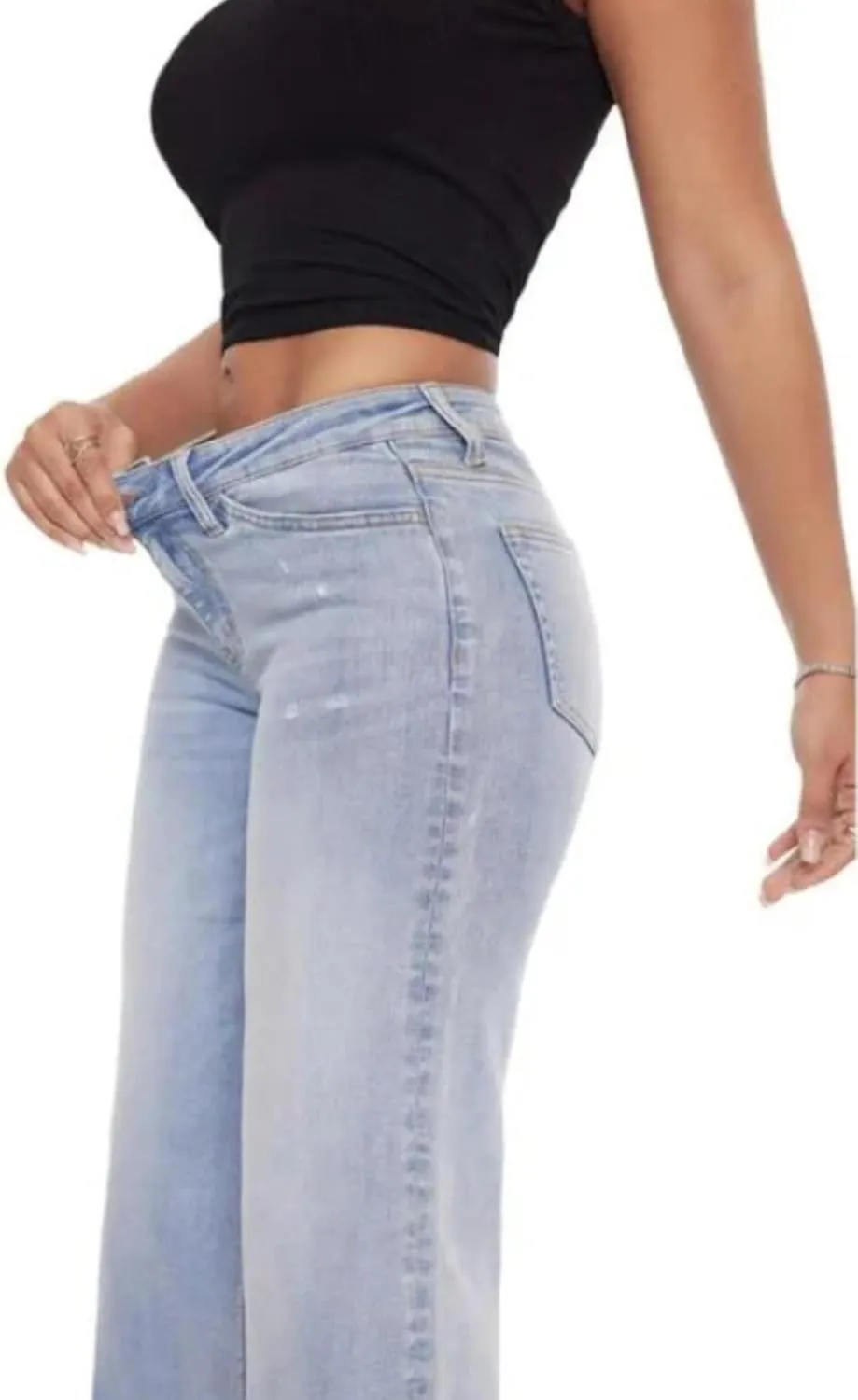 Womens Baggy Jeans Wide Leg Jeans High Waisted Stretchy Tummy Control Denim Distressed Pants with Pockets