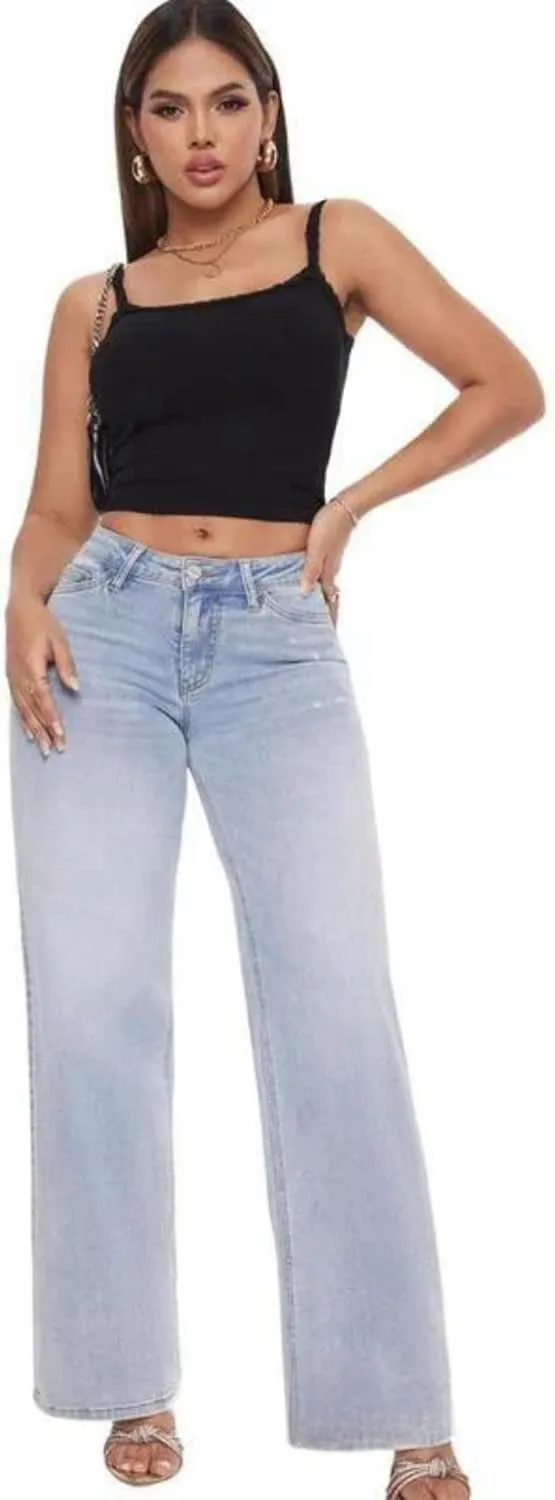 Womens Baggy Jeans Wide Leg Jeans High Waisted Stretchy Tummy Control Denim Distressed Pants with Pockets