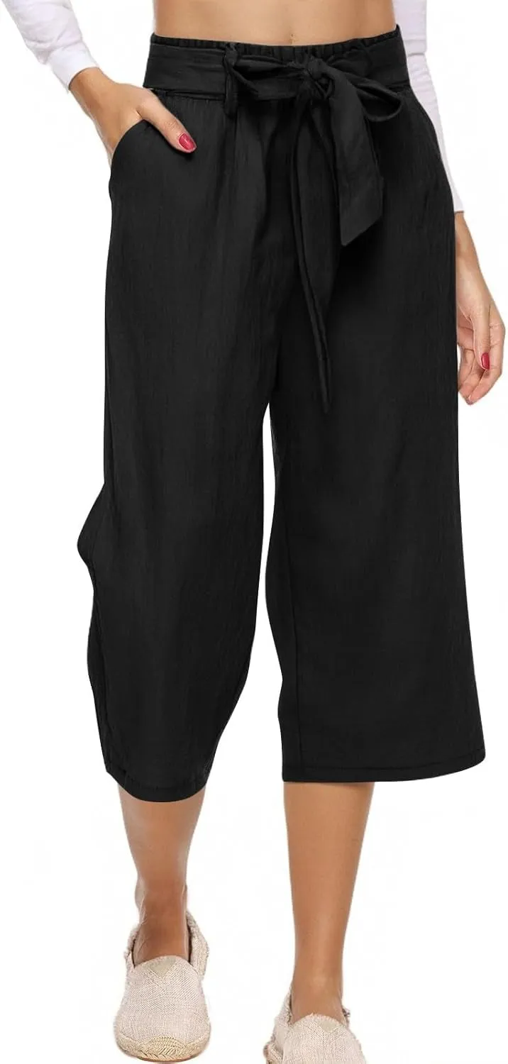 Womens Capri Pants Linen Cotton Straight Wide Leg Elastic Weight Trouser 2025 Casual Drawstring Pocket Pant