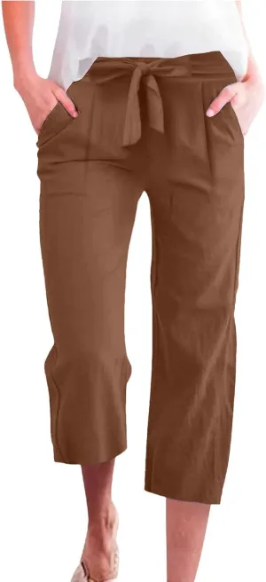 Womens Capri Pants Linen Cotton Straight Wide Leg Elastic Weight Trouser 2025 Casual Drawstring Pocket Pant