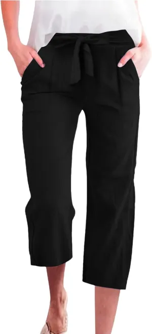 Womens Capri Pants Linen Cotton Straight Wide Leg Elastic Weight Trouser 2025 Casual Drawstring Pocket Pant