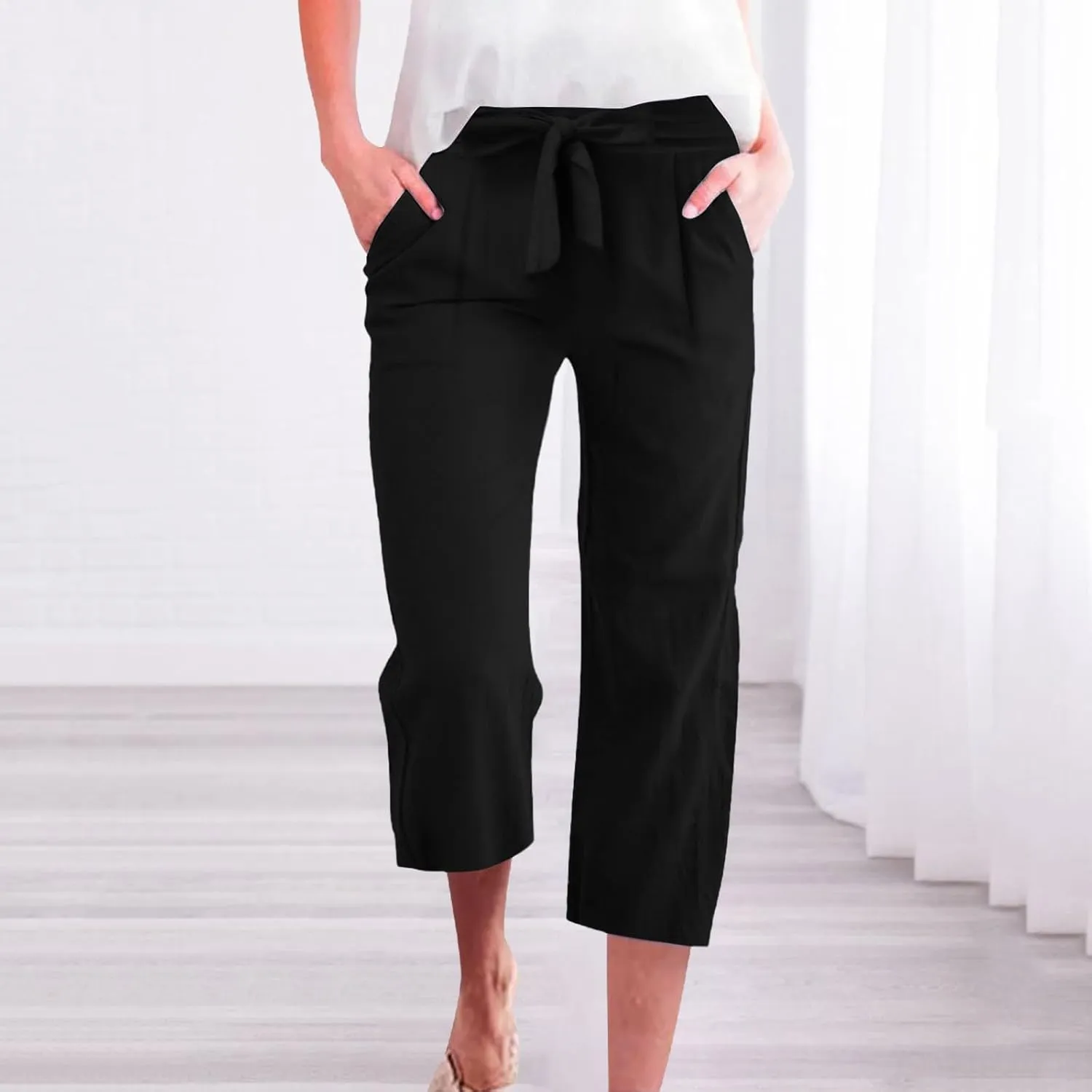 Womens Capri Pants Linen Cotton Straight Wide Leg Elastic Weight Trouser 2025 Casual Drawstring Pocket Pant