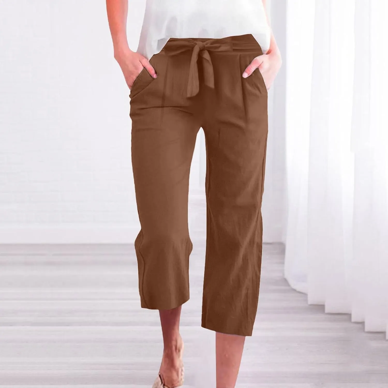 Womens Capri Pants Linen Cotton Straight Wide Leg Elastic Weight Trouser 2025 Casual Drawstring Pocket Pant