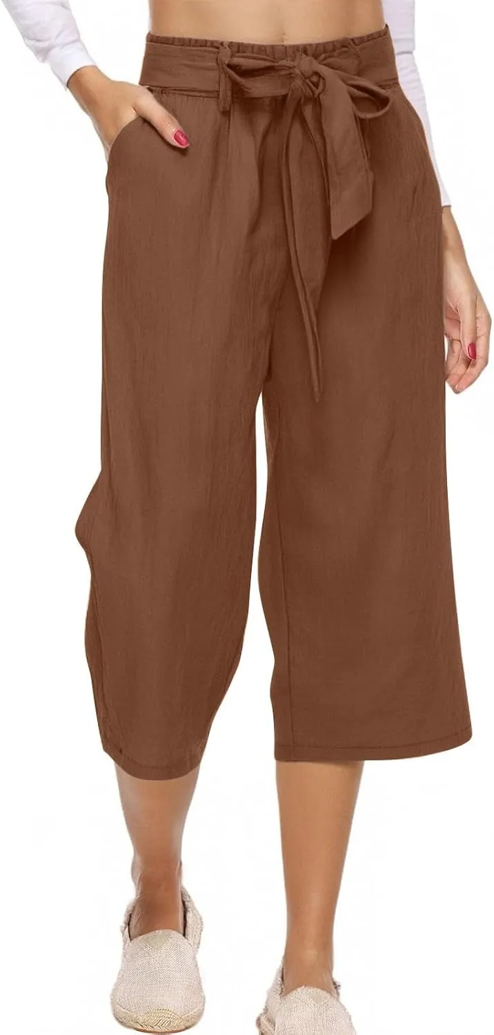Womens Capri Pants Linen Cotton Straight Wide Leg Elastic Weight Trouser 2025 Casual Drawstring Pocket Pant