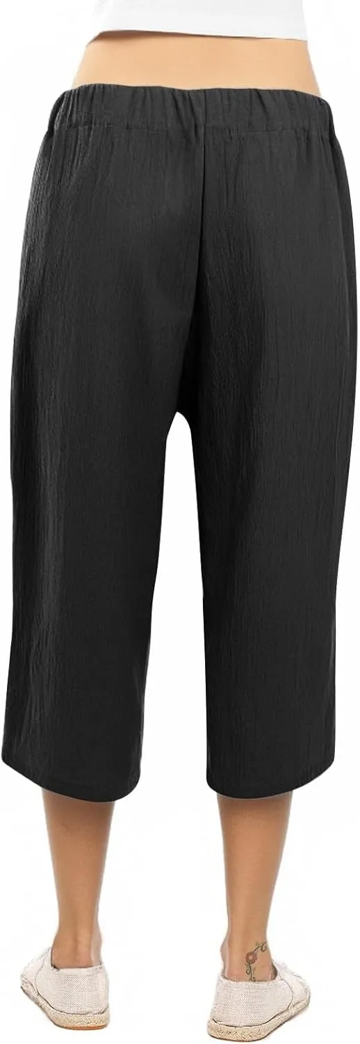 Womens Capri Pants Linen Cotton Straight Wide Leg Elastic Weight Trouser 2025 Casual Drawstring Pocket Pant