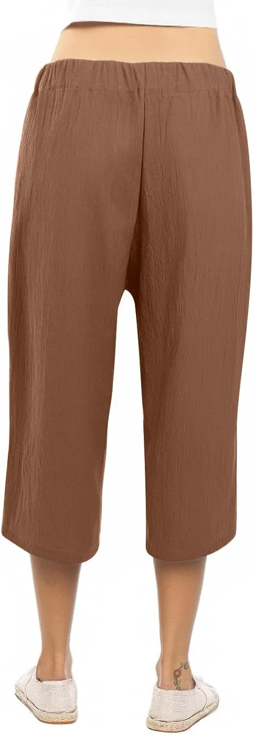 Womens Capri Pants Linen Cotton Straight Wide Leg Elastic Weight Trouser 2025 Casual Drawstring Pocket Pant