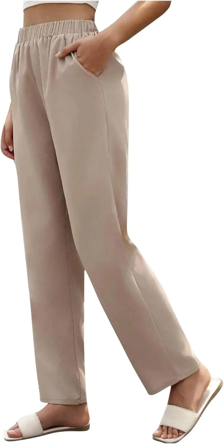 Women's Casual Cotton Pants Casual Loose Comfy Elastic Waist Trousers 2025 Summer Solid Color Straight Leg Pants