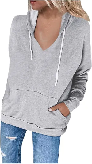 Women's Casual Lightweight Hoodies Long Sleeve v Neck Drawstring Hooded Sweatshirts Loose Pullovers With Pocket