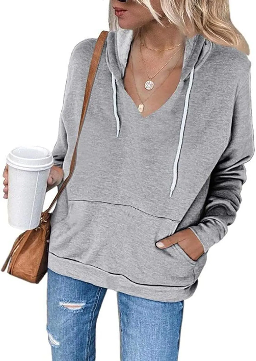 Women's Casual Lightweight Hoodies Long Sleeve v Neck Drawstring Hooded Sweatshirts Loose Pullovers With Pocket