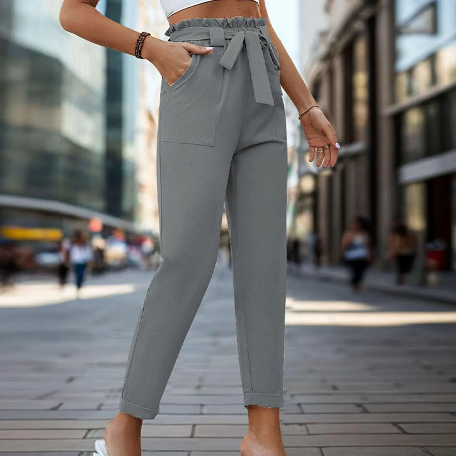 Womens Casual Solid Color Pants Fashion High Waist Straight Leg Lounge Pants Comfy Drawstring Trousers with Pocket