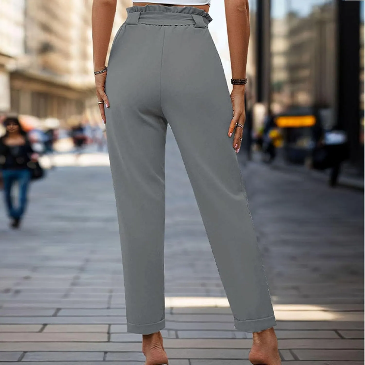 Womens Casual Solid Color Pants Fashion High Waist Straight Leg Lounge Pants Comfy Drawstring Trousers with Pocket