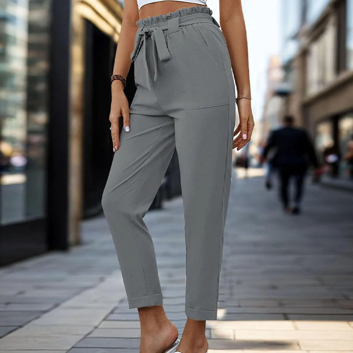 Womens Casual Solid Color Pants Fashion High Waist Straight Leg Lounge Pants Comfy Drawstring Trousers with Pocket