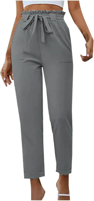 Womens Casual Solid Color Pants Fashion High Waist Straight Leg Lounge Pants Comfy Drawstring Trousers with Pocket