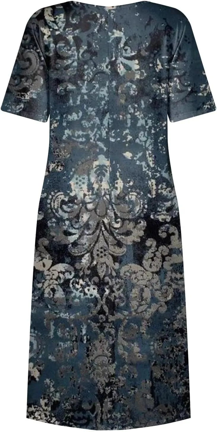 Women's Casual Summer Floral Short Sleeve T Shirts Maxi Dress 2025 Spring V Neck Flowy Tiered Boho Beach Dresses