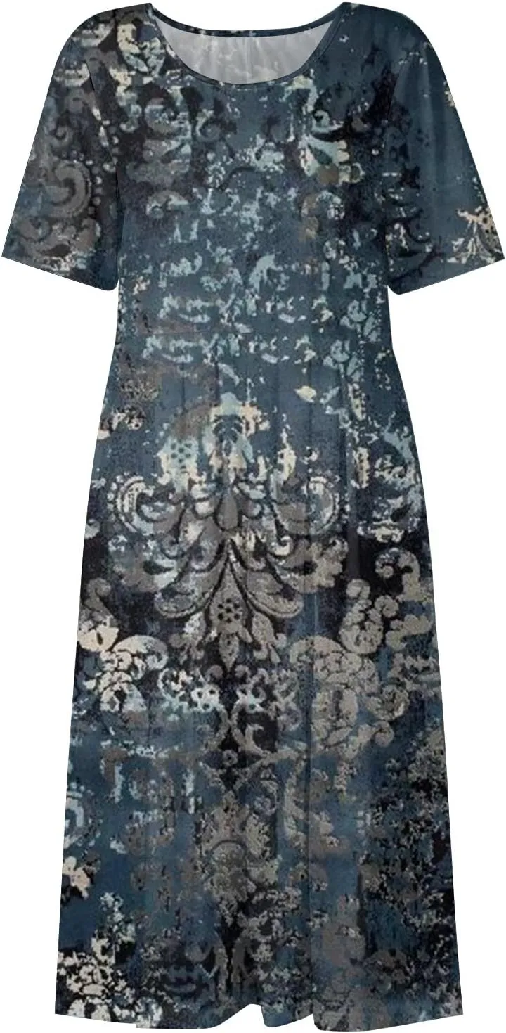 Women's Casual Summer Floral Short Sleeve T Shirts Maxi Dress 2025 Spring V Neck Flowy Tiered Boho Beach Dresses