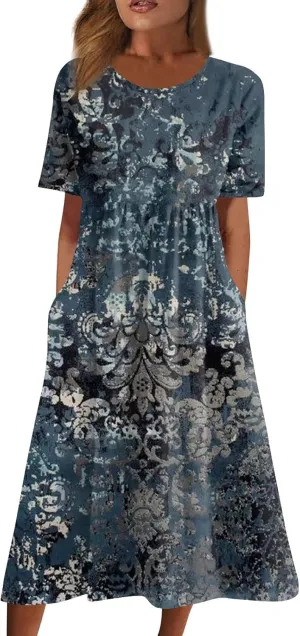 Women's Casual Summer Floral Short Sleeve T Shirts Maxi Dress 2025 Spring V Neck Flowy Tiered Boho Beach Dresses