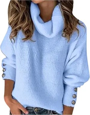 Women's Chic Turtleneck Sweater Solid Button Sleeve Knitted Pullovers Sweater Warm Loose Casual Oversized Sweater