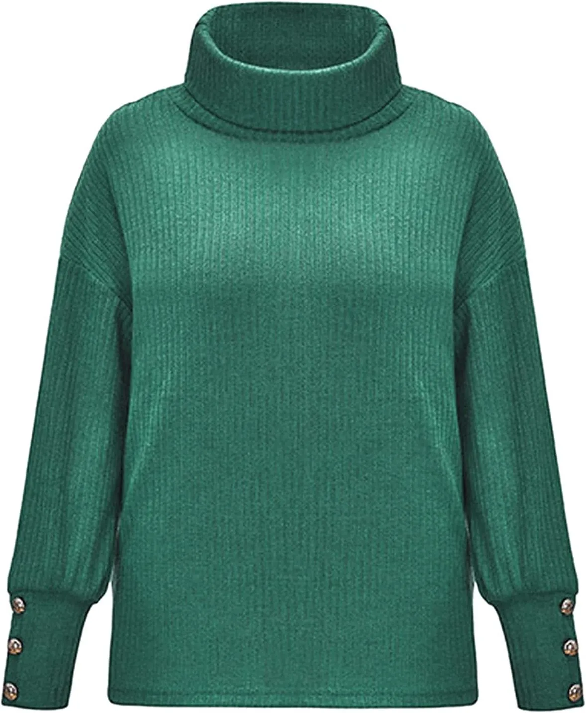 Women's Chic Turtleneck Sweater Solid Button Sleeve Knitted Pullovers Sweater Warm Loose Casual Oversized Sweater