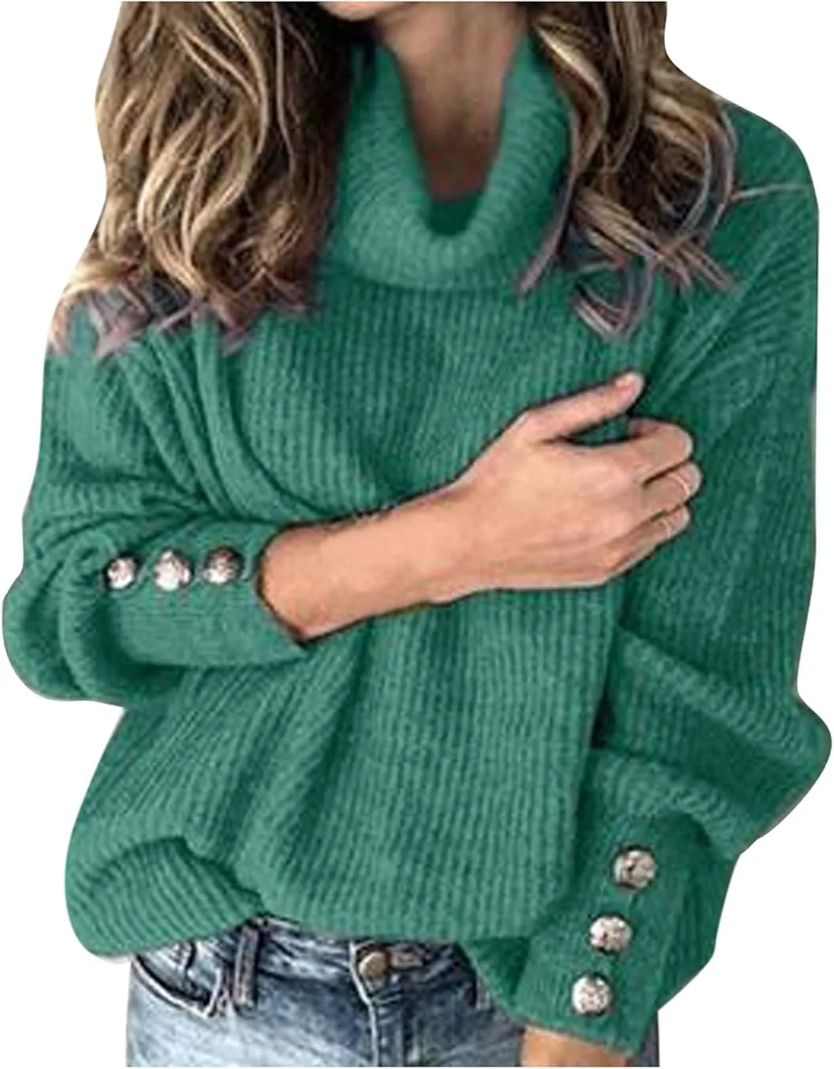 Women's Chic Turtleneck Sweater Solid Button Sleeve Knitted Pullovers Sweater Warm Loose Casual Oversized Sweater