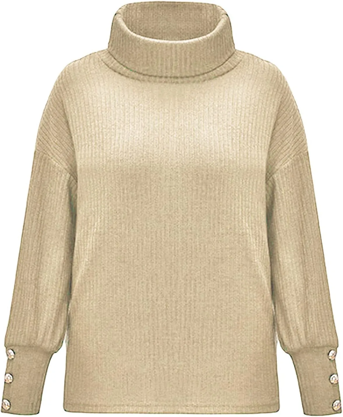 Women's Chic Turtleneck Sweater Solid Button Sleeve Knitted Pullovers Sweater Warm Loose Casual Oversized Sweater