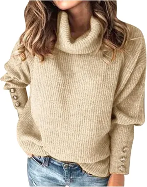 Women's Chic Turtleneck Sweater Solid Button Sleeve Knitted Pullovers Sweater Warm Loose Casual Oversized Sweater