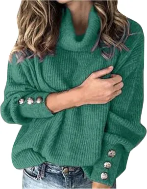 Women's Chic Turtleneck Sweater Solid Button Sleeve Knitted Pullovers Sweater Warm Loose Casual Oversized Sweater