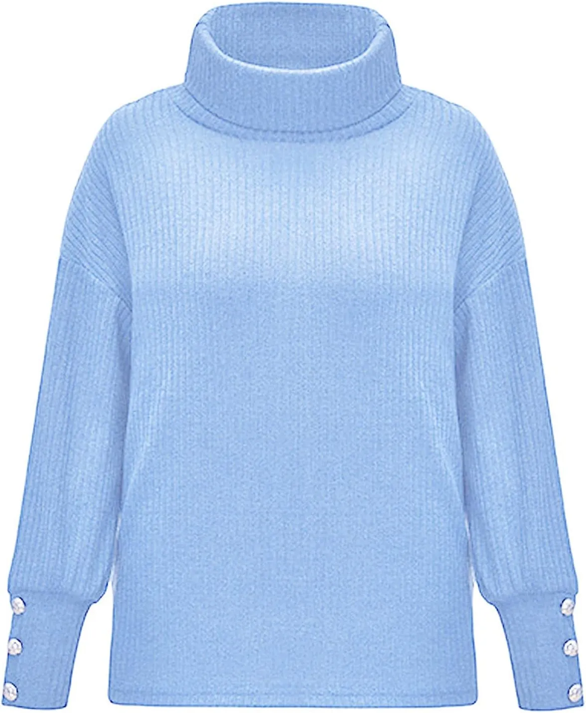 Women's Chic Turtleneck Sweater Solid Button Sleeve Knitted Pullovers Sweater Warm Loose Casual Oversized Sweater