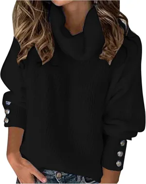 Women's Chic Turtleneck Sweater Solid Button Sleeve Knitted Pullovers Sweater Warm Loose Casual Oversized Sweater