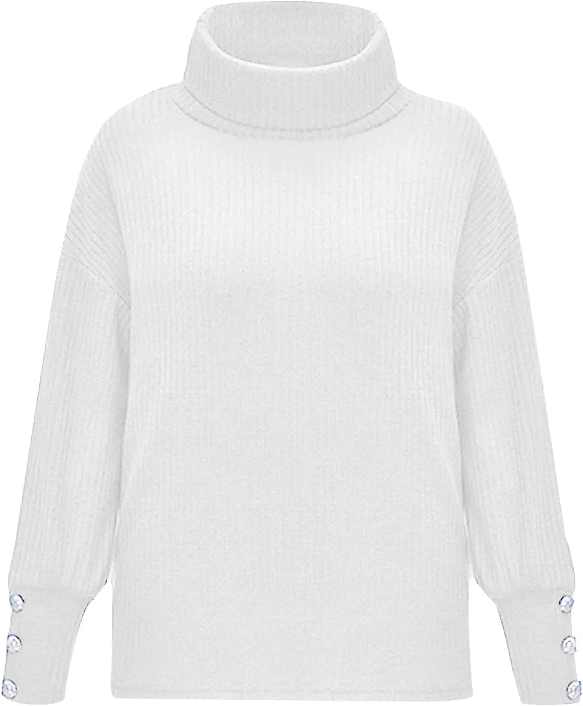 Women's Chic Turtleneck Sweater Solid Button Sleeve Knitted Pullovers Sweater Warm Loose Casual Oversized Sweater