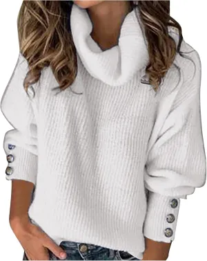 Women's Chic Turtleneck Sweater Solid Button Sleeve Knitted Pullovers Sweater Warm Loose Casual Oversized Sweater